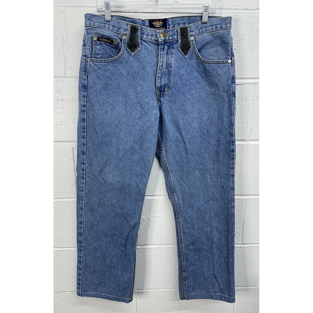 El General Denim Relaxed Straight Leg Jeans Stingray Leather Accents Men's 34x30
